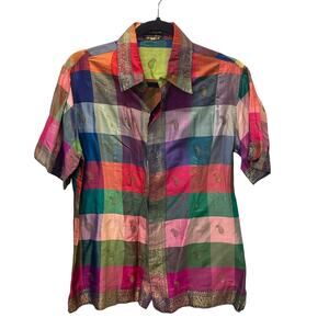 Burlingtons Ashoka Hotel New Delhi Silk Shirt Colorful Plaid Paisley M